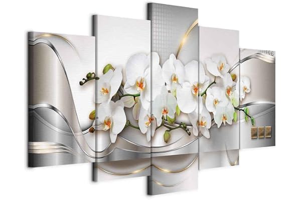 Cuadros B&D XXL - Tableau décoratif abstrait 100x50 cm - Impression sur toile colorée - Décoration murale - Abstraction vagues fleurs nature moderne orchidées plantes fond doré a-A-0004-b-n