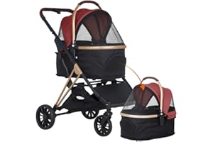 Pet Stroller for Dogs Cats, Actask Travel Pet Pram with Detachable Basket Portable and Foldable Dog Buggy Pushchair on 4 Wheels Suitable for Puppy and Cats (Wine/Black)