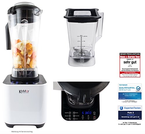 KeMar KSB-200 Hochleistungsmixer für Smoothies, Standmixer, Mixer, Hochleistungsmixer, Smoothie Maker mit LED Touch Bedienfeld (1.500W, 2PS, 30.000 U/min), inklusive 1 Liter und 2 Liter Tritanbehälter BPA-frei , 6 Programme, manuelle Einstellung, Farbe Weiß