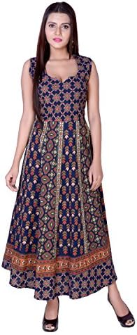 Handmade cotton Blue Orange Jaipuri Folk print one piece Maxi dress