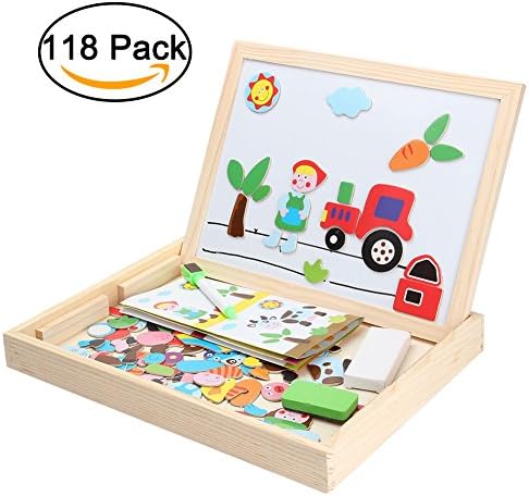 Rightwell Magnetic Jigsaw Puzzles,Educational Wooden Puzzles Toy - Double Sided Magnetic Drawing Board for Kids up 3 Years - Happy Farm Theme (118 Pieces)