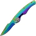 DNA Shiny Rainbow Themed Sub 3" Non Locking EDC Folding Harpoon Clip Point Pocket Knife with Smooth Handle and Easy Open Washer Pivot