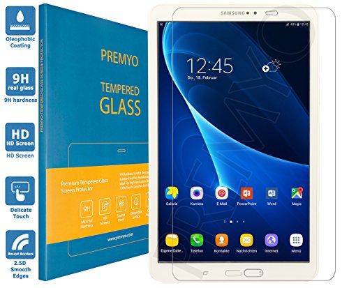 PREMYO Samsung Galaxy Tab A 10.1 Panzerglas. Galaxy Tab A 10.1 Schutzfolie mit Härtegrad 9H und abgerundeten Ecken 2,5D. Tab A 10.1 Schutzglas