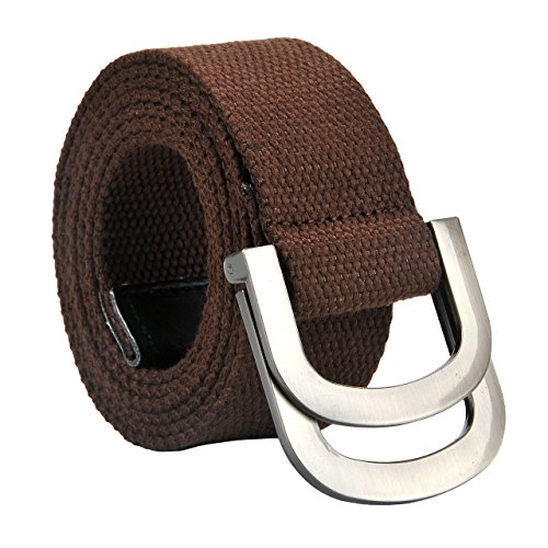 Faleto Canvas Web Belt Double D-ring Buckle Military Style Plain Belts for Men (51''/130cm, Coffee)