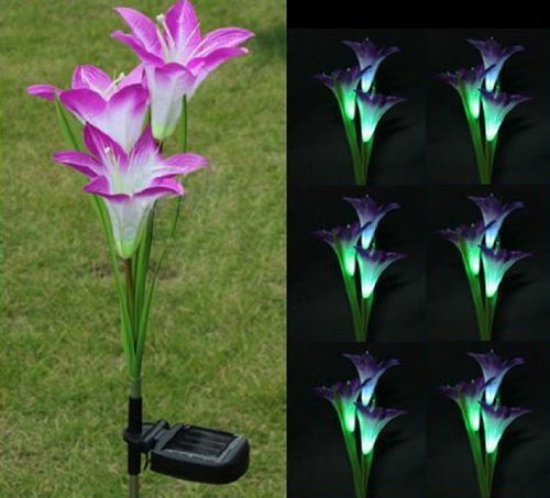 FRE Solarleuchten 3 Kopf Lilien Blumen LED Licht Lampen Garten Rasen Decor - lila