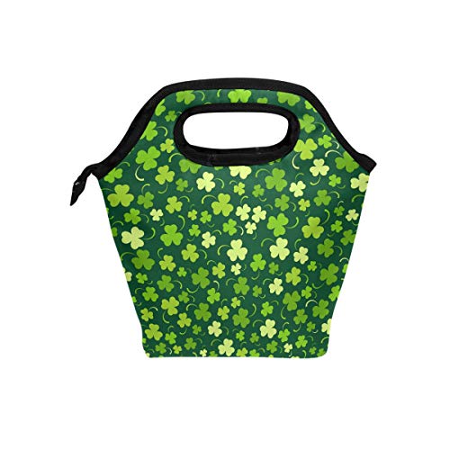 St. Patrick's Shamrock Leaves Lunch Bag Tote Lunchbox Handbag, Green Clover Boys Girls Women Insulated Food Container Gourmet Cooler Warm Pouch for School Work Office Student Kids