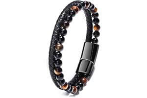 LICHUANUK Bracelet Homme, Homme Cuir Véritable Bracelet,En Perles De Pierres Naturelles 6mm Et Cuir Véritable De Haute Qualité Avec Fermoir Magnétique Amovible En Acier Inoxydable