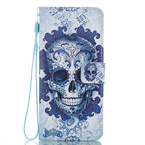 Hülle für Samsung S8, Galaxy S8 Brieftasche Schutzhülle, Aeeque Blau Wolke Schädel Muster Flip Tasche im Bookstyle mit Kartenfach Trageschlaufe Kunstleder Handyhülle Etui Wallet Case Cover Schale für Samsung Galaxy S8 - 7