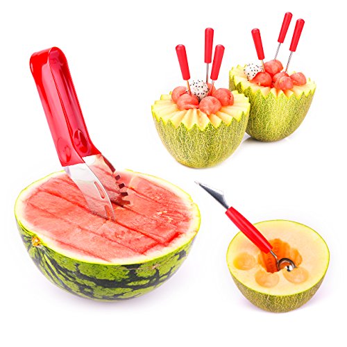 Melonenschneider, HoLife Wassermelonen Schneider Schneiderset mit Doppelzweck Melonenkugelausstecher und 6 Obstgabeln, Rostfrei Edelstahl Wassermelonenmesser Obstschneider für Wasser- und Honigmelonen Papaya Pitaya - 2