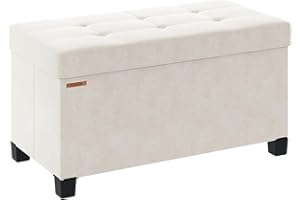 ABHENG Foldable Storage Ottoman Bench, Velvet Footrest and Seat Cube with Feet, End of Bed Bench, Storage Chest, for Living Room, Bedroom and Office, 38 x 76 x 40 cm, Cream White, ASND23W