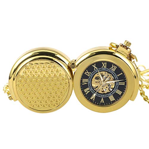 ManChDa® Único Reloj de Bolsillo Gold Caja Hueco Esqueleto mecánico para los Hombres Mujeres con Cadena + Caja Regalo