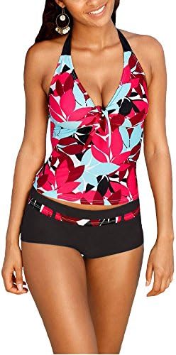 CuOmix Women Swimwear Halter Padded Tankini Two Pieces Set Swimsuits Bathing Suits (L)