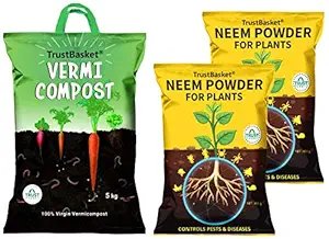 TrustBasket Organic Vermicompost Fertilizer Manure for Plants - 5 KG & Neem Cake Powder Organic Fertilizer and Pest Repellent for Plants (450 GMS) - Set of 2 Combo