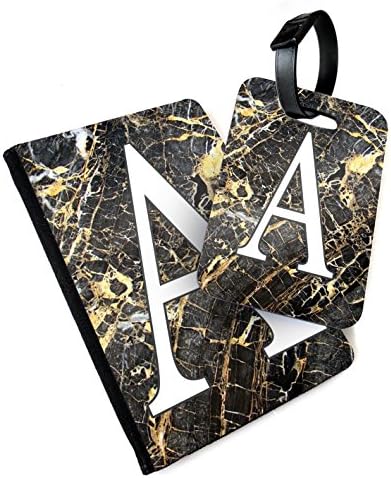 WTF | Custom Marble Large Initials | Printed Art Faux Leather Passport Cover/Luggage Tag (Holder/Tag Combo, Black Gold Marble)