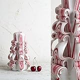 Dekorativ geschnitzte Kerze - Mittel, Weiß und rote Streifen - sanfte Farben - EveCandles