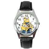taport® Minions Quarzuhr schwarz Leder Band + Gratis Ersatz Akku + Geschenk Tasche