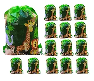 Birthday Popper Jungle Animal Drawstring Sack Bags for All Age Group, Multicolour (24 Pieces)