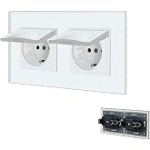 BSEED Wall Plug with Waterproof Cover,2 Gang Schuko Socket with Clamp,Recessed Plug with Glass Plate,16A Recessed Socket,Whit