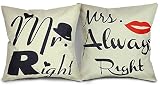 Luxbon 2x Kissenbezüge Mr Right Mrs Always Right Lendenkissen Wurfkissenbezug Pillowcase Cafe Haus Auto Deko 45 x 45 cm