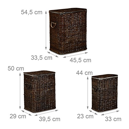 Relaxdays Wäschekorb 3er Set geflochten Rattan eckig HBT 54,5 x 45,5 x 33,5 cm stapelbare Wäschetruhe mit herausnehmbarem Wäschesack waschbar Wäschebox ca. 69 L Wäschesammler atmungsaktiv, schokobraun - 4