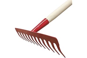 LAND-HAUS-SHOP Garden Tool Rake Lawn Ground Ground Rake 12 Prongs Metal Red Garden Rake 28 cm with Wooden Handle