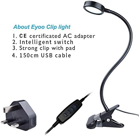 Eyoo Clip Light, Desk Lamps, Book Reading Bedside Lights with Flexible Neck, 3 Lighting Modes & 9 Dimming Brightness Levels, Eye-protect Night Light and Rechargeable LED Lamps for E-Reader (Black)