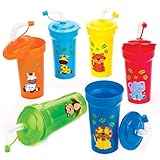 Vasos con pajita flexible de animales de la selva para niños - Perfectos para bolsas sorpresa o como regalo para niños (pack de 6).