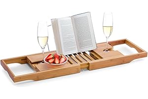 Avilia - Vassoio Vasca da Bagno in Bambù Estensibile 70–104 cm con Porta Calici e Leggio | Accessori Bagno Eleganti per Relax e Organizzazione in Vasca da Bagno