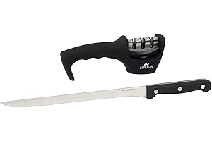 Fackelmann Set Cuchillo Jamonero Nirosta Mega 24/36 cm y Afilador de Cuchillos Nirosta 3 Pasos, mantiene los cuchillos siempre afilados para cortar lonchas finas de jamón