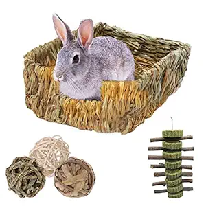 HERCOCCI Grass Bed for Rabbit, 3 Pack Woven Grass Ball Hay Rabbit Basket Bedding Mat with Organic Apple Wood Sticks Chew Toys for Bunny Guinea Pig Hamster Chinchilla Rat Small Animal