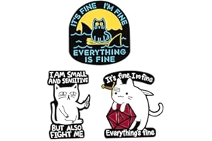 ABONITON Everything Is Fine Enamel Pins Cute Cat with Knife Shark Dice Kitty Brooch Lapel Badges Jewelry Gift for Kids Friends