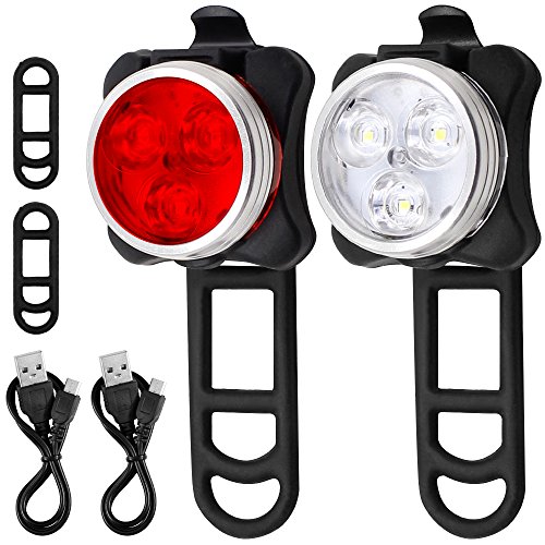 AFUNTA Faro de Bicicleta de luz Trasera de combinación, Recargables LED de Bicicleta de luz de Juego con 4 Modos de Destellos, 2 Cable USB y 4 Correa Incluido - Blanco, Rojo