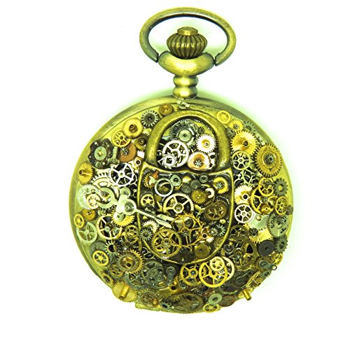 Steampunk skeleton pocket watch customised with cogs and padlock wind up mechanism w/o