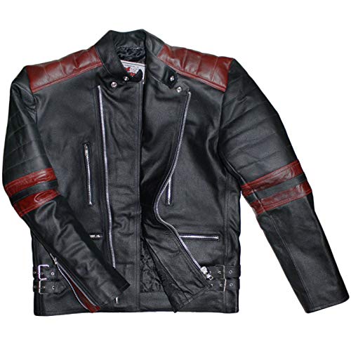 German Wear Oldschool Retro Chaqueta Moto de Piel, Negro/Rojo, 50
