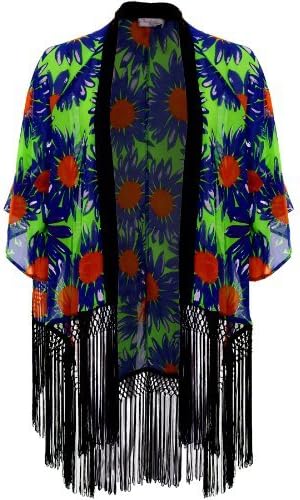 Ladies Flare Sleeve Chiffon Floral Print Open Front Tassel Women's Kimono Jacket [Blue/Lime Floral, L (UK 12-14)]