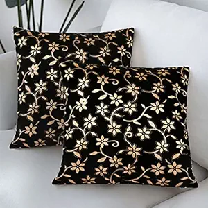 Mellifluous Luxurious Flock Velvet Golden Leaf Print Cushion Cover Only Set of 2 Sofa Case for Bedroom with Invisible Zipper (22X22 Cover only, Black-Leaf-Print)