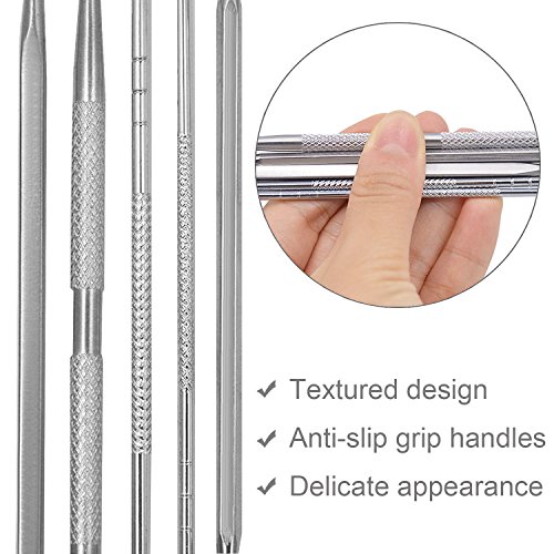 Becoyou 7 Stücke Mitesserentferner mit Lederhülse – Komedonenquetscher Set aus Edelstahl – Nagelhautschieber Werkzeug Pickel Whiteheads Akne Extraktoren für Gesundheit Behandlung - 4