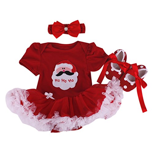 Marlegard Baby Girls' 3PCs Red Christmas Tutu Dress with Headband Shoes (12M(9-12months))