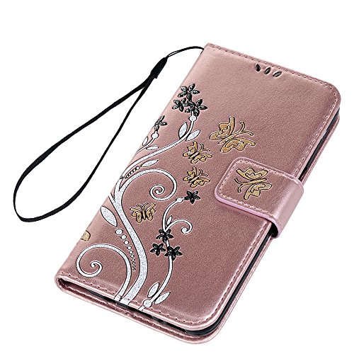Lanveni Samsung Galaxy S8 Hülle, Handyhülle für Galaxy S8 Flip Case Cover PU Lederhülle Schutzhülle Magnetverschluss Ledertasche mit Stander Function Brieftasche Card Slot Handy Tasche mit Bunte Schmetterling Cover Design (Rose Gold)+ 1 x Stylus Pen + 1 x Staubdichte Stecker - 3