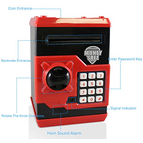 Adornlife Money Banks Coffre-fort Coffre-fort ATM Bank Cartoon Cash Pièce de monnaie Mot de passe électronique Tirelire Coffre-fort Smart Voice Prompt Tirelire pour les enfants / Cadeau de Noël (noir / rouge)