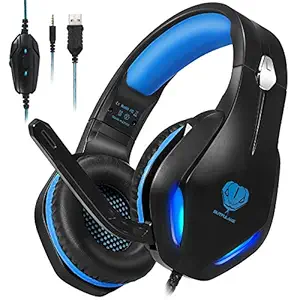 HaiDiKaiSi GH-2 Gaming Headset for Xbox One, PS4, PC, Nintendo Switch, Mac, Laptop with Stereo Surround Sound, Over Ear Gaming Headphones with Noise Canceling Mic, LED Light, Blue