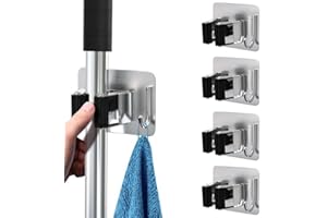 homeasy Mop Broom Holder, 4 Pcs Stainless Steel Self Adhesive Mop Holder Wall Mounted with Hooks Hanger Self-Adhesive Broom Holder (Siver Mix)