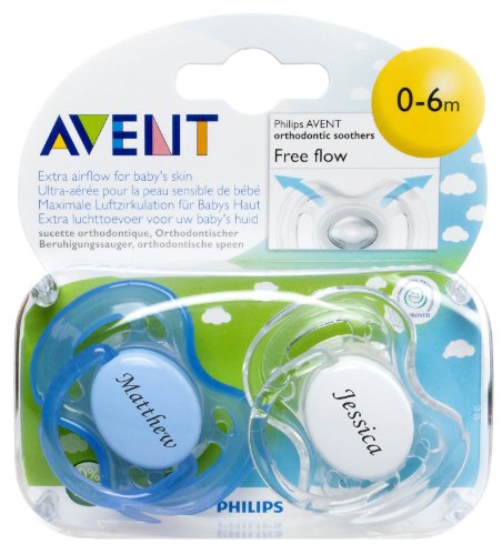 Personalised Gifts - Philips AVENT BPA-Free Soothers (0-6 Months) 2 Pack, Blue and White - Engraved FREE with name