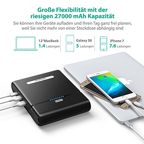 RAVPower 27000mAH Powerstation Tragbare AC Ausgang fÃ¼r 110V / 220V HaushaltsgerÃ¤te mit Type-C 5V / 3A und USB-iSmart 5V / 2,4A Port fÃ¼r Notebook, Smartphones, Tablet und weitere