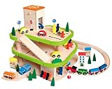 Auto Garage / Parkhaus - mit 3 Ebenen aus Holz - incl. Auto + Figuren - Autos - Holzeisenbahn / Eisenbahn - passend mit Schienensystem - paßt zu allen gängigen Schienen - Holzgarage Eisenbahnschienen / Schienen Autogarage - Parkgarage