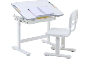 ‎CARO-MÖBEL Kinderschreibtisch mit Stuhl TUTTO in weiß/weiß höhenverstellbar und neigbar mit Schublade und Stifterinne, Schreibtisch höhenverstellbar für Kinder, Tisch mit neigbarer Arbeitsfläche mit Rucksackhalt
