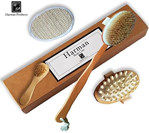Premium Boar Bristle Body &amp; Face Brush Set, Includes Facial Brush and Body Brush For Dry Skin, Cellulite Massager and Loofah. Extend The Brushes To Become A Back Scrubber. Say Goodbye To Dry Skin and Cellulite- By Harman Body Care.