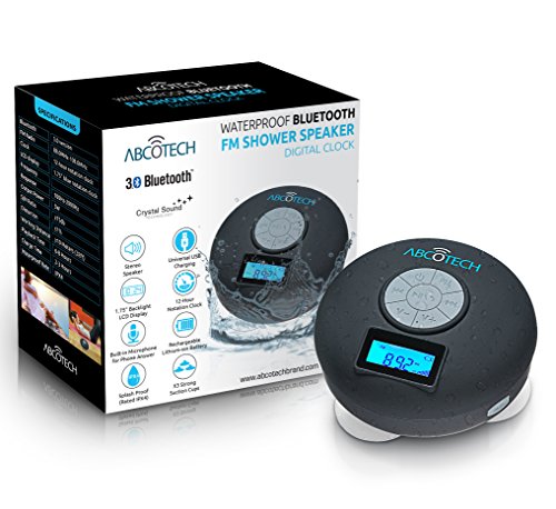 Bluetooth Lautsprecher mit LCD Bildschirm, NFC, FM Radio und Subwoofer Effekt – Dusch Lautsprecher mit Crystal Clear Sound und 3 festen Saugnäpfen – Freisprecheinrichtung