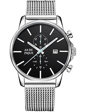 AS DE PIQUE Chrono Herren Luxus Armbanduhr Chronograph Mesh Stoppuhr Datum 50m Wasserdicht silber blau