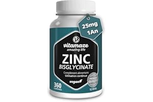 VITAMAZE - AMAZING LIFE Zinc Bisglycinate 25 mg - Acné, Peau et Système immunitaire - 360 Comprimés pour 1 An - Vegan et Hautement Biodisponible - Complément Alimentaire Vegan Sans Additifs - fabriqué en Allemagne